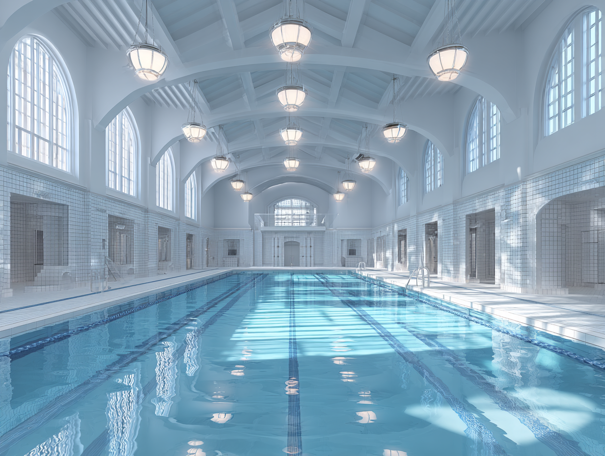 Large indoor swimming pool with arched ceiling and natural lighting